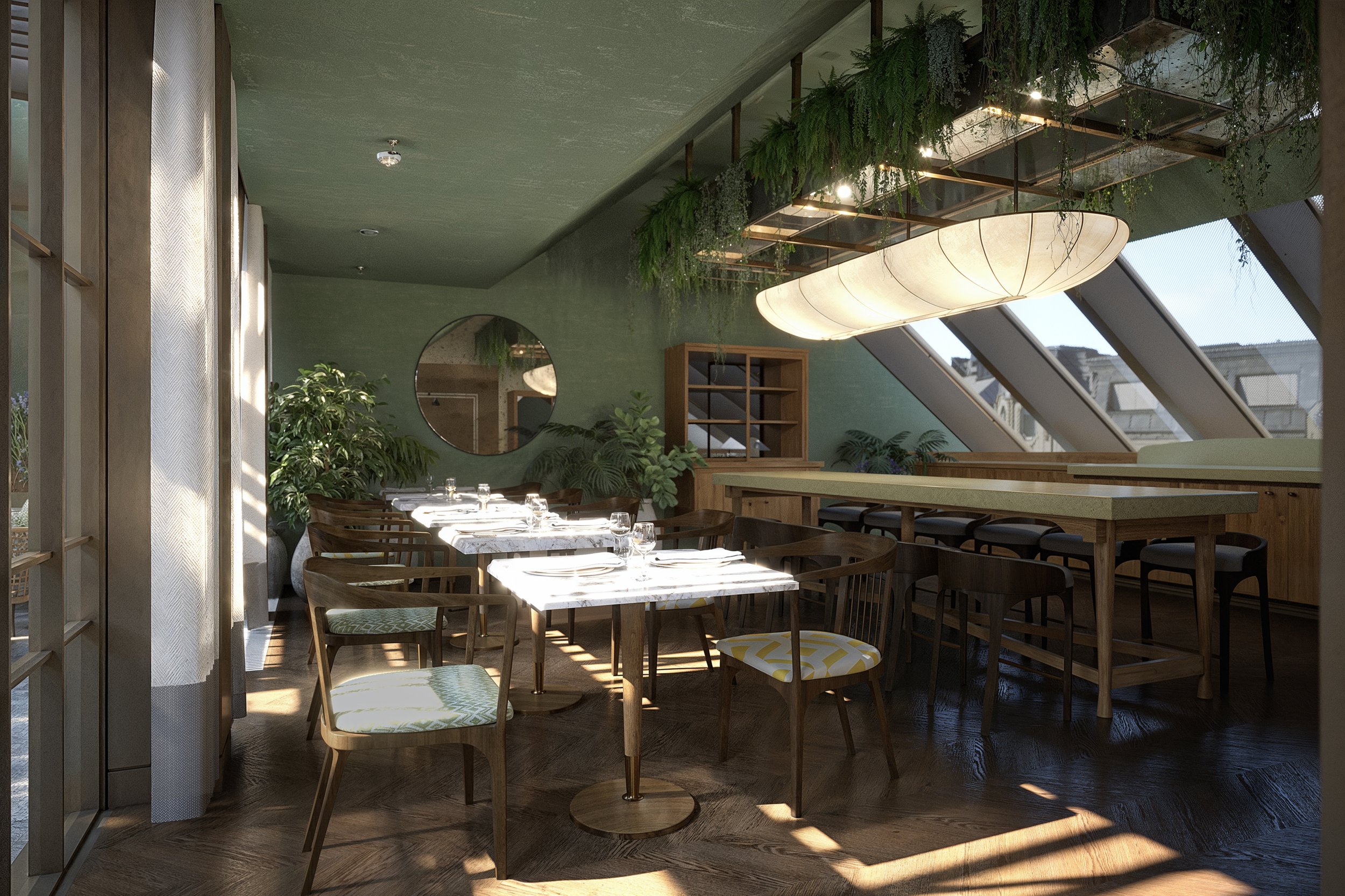 Modern restaurant interior with wooden furniture, tables set with white plates and glasses, green wall with a round mirror, large windows letting in natural light, hanging light fixture, and green plants.