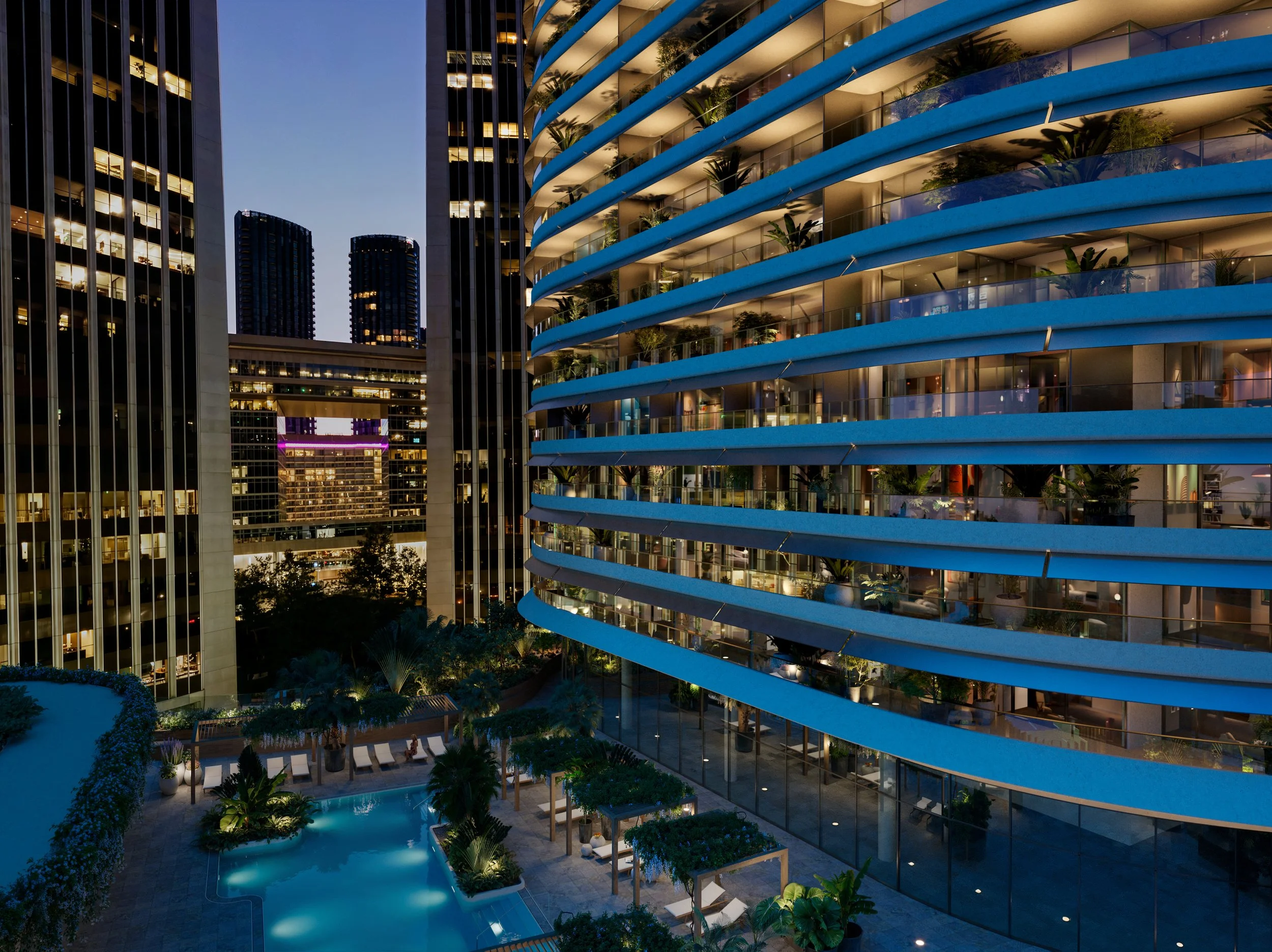 Night view of a modern cityscape with high-rise buildings and a glowing swimming pool surrounded by greenery and lounge chairs in the foreground.