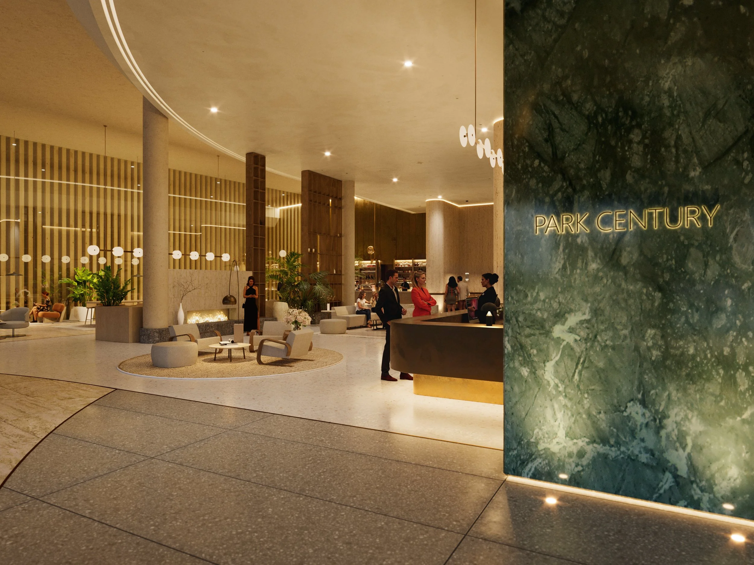 Hotel lobby with modern decor, seating area, plants, and a reception desk, illuminated by warm lighting. The right side features a green marble wall with the words "PARK CENTURY" lit in gold.