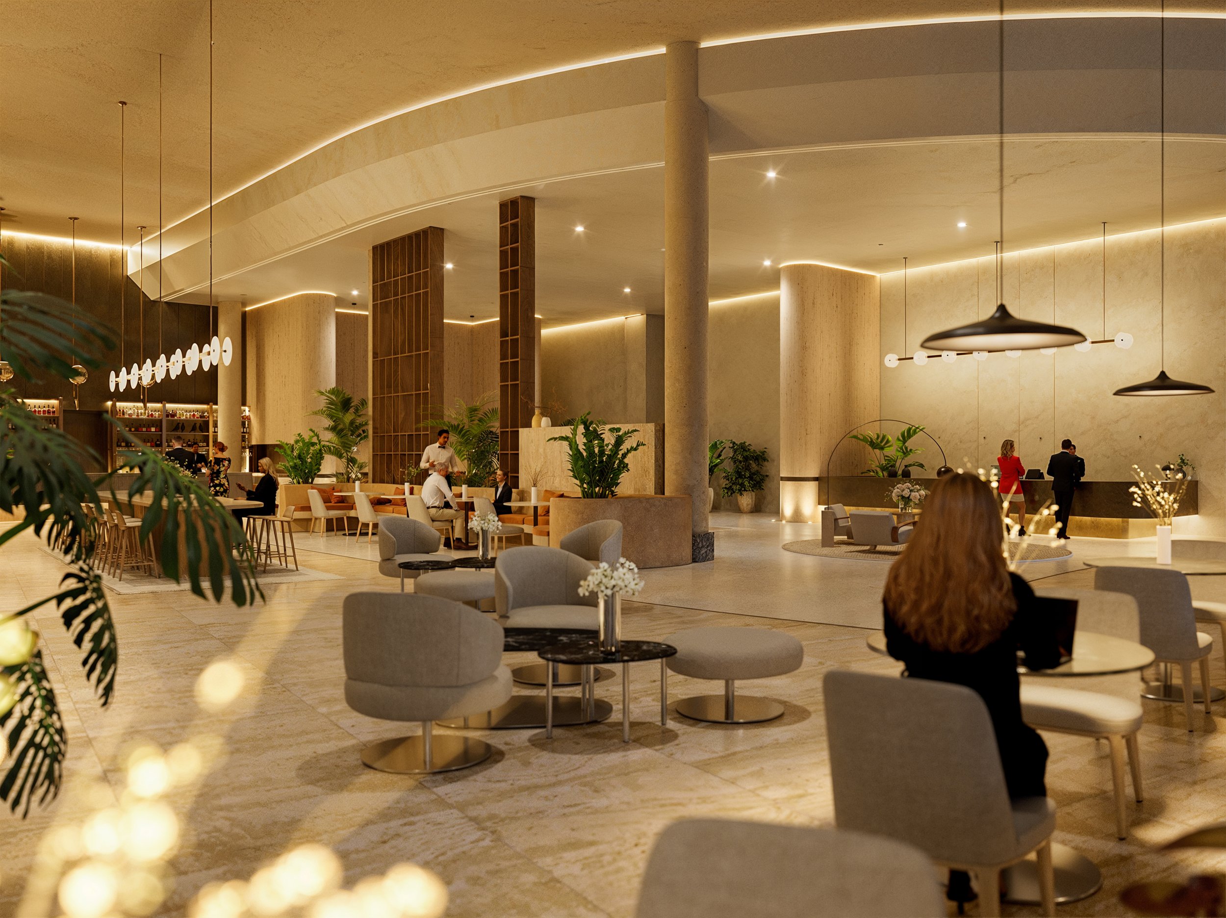 Elegant hotel lobby with modern decor, seating area with chairs and small tables, reception desk in the background, and people checking in and sitting, decorated with plants and soft lighting.