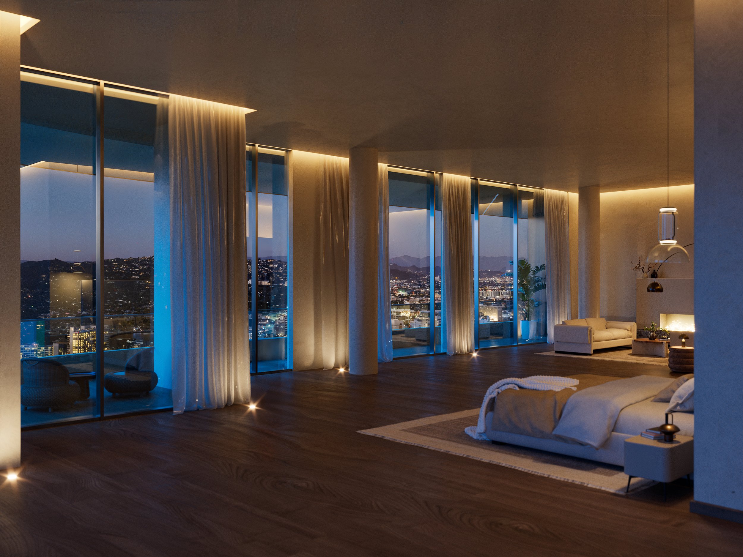 Modern bedroom with large floor-to-ceiling windows showing city and mountain views at night, featuring a white bed, side table, sofa, and decorative lighting.