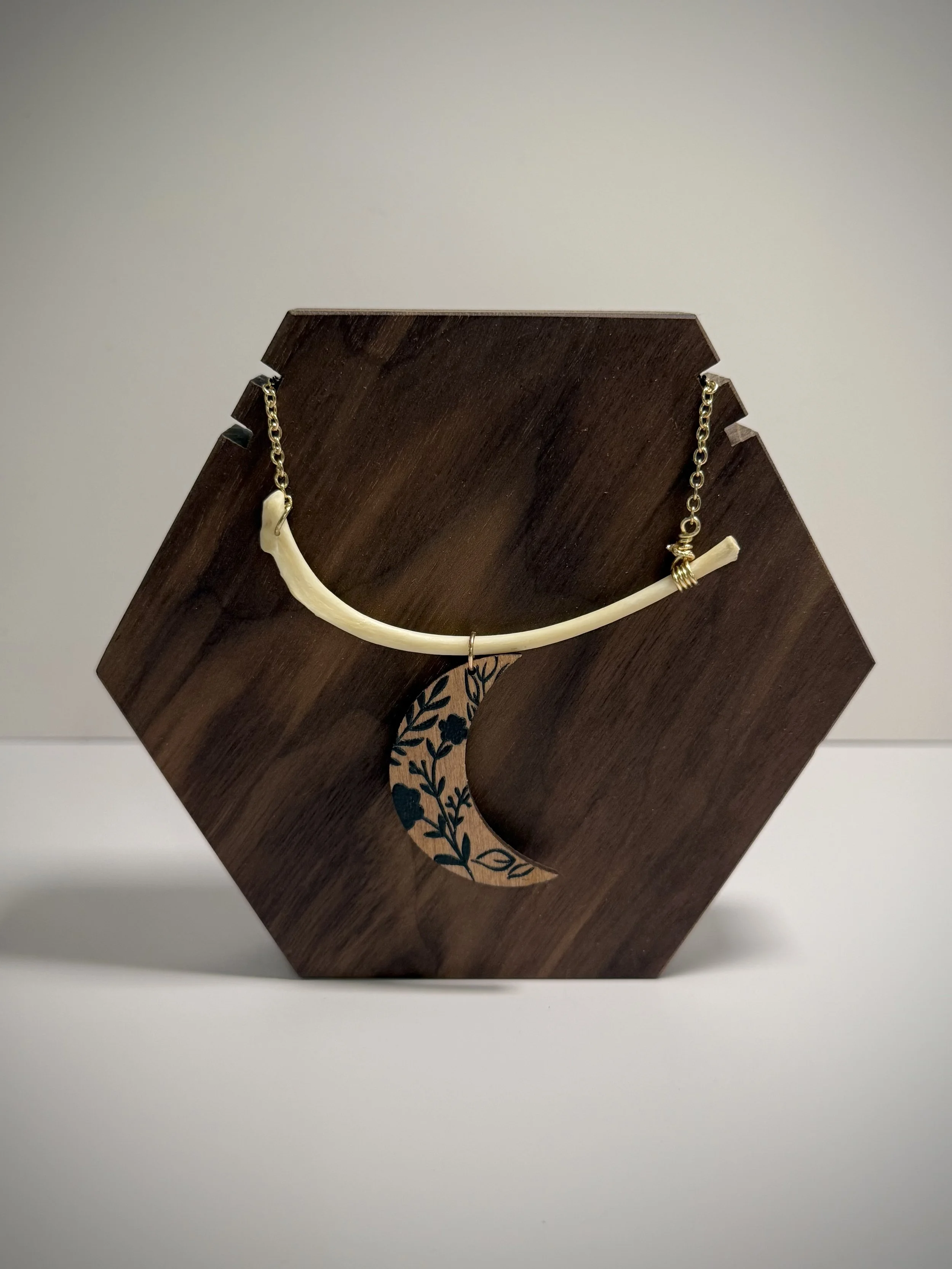 Racoon Rib and Wooden Moon Necklace