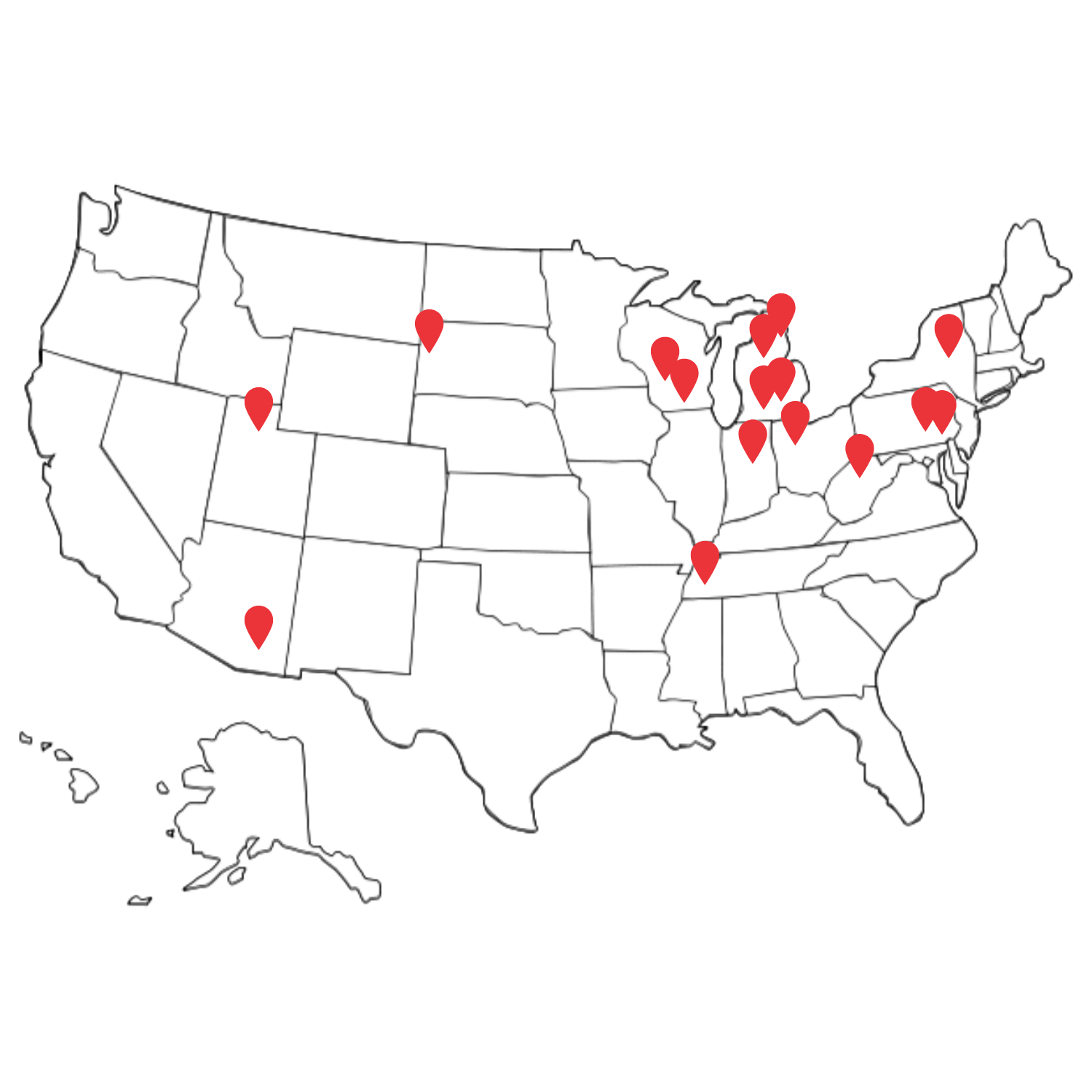 Map of the United States with red markers in multiple states, including California, Texas, Illinois, Ohio, New York, Pennsylvania, Michigan, Indiana, and others.