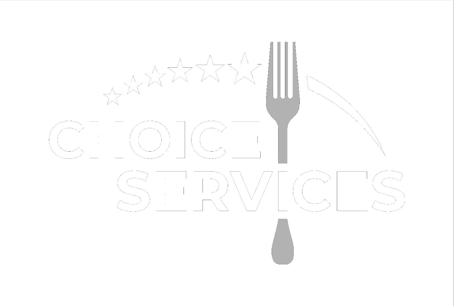 A logo with the text 'Choice Services' in bold white letters, a gray fork with a drip at the bottom, a gray knife, and a semicircular arrangement of seven white stars above.