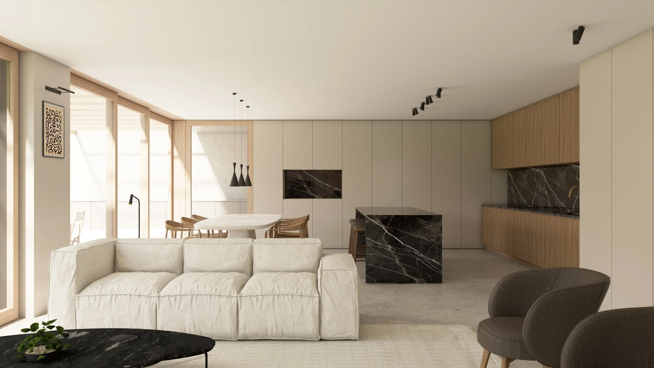 Espaço de estar e cozinha em habitação unifamiliar em S. Jorge de Selho, organização em open space e detalhe de materiais — GAUG