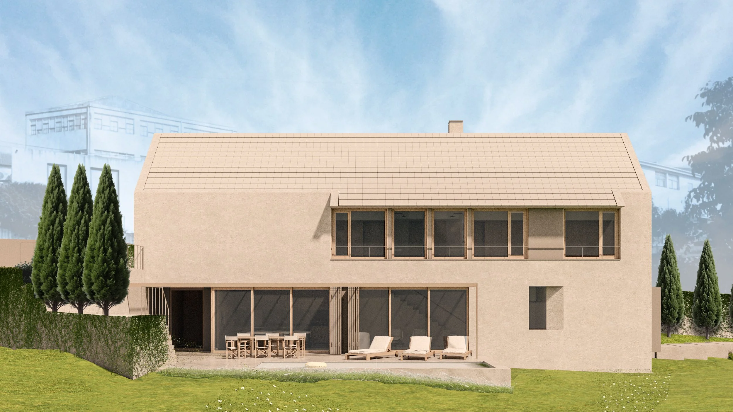 Habitação unifamiliar em S. Jorge de Selho, fachada posterior virada a Poente e relação entre interior e espaço exterior — GAUG