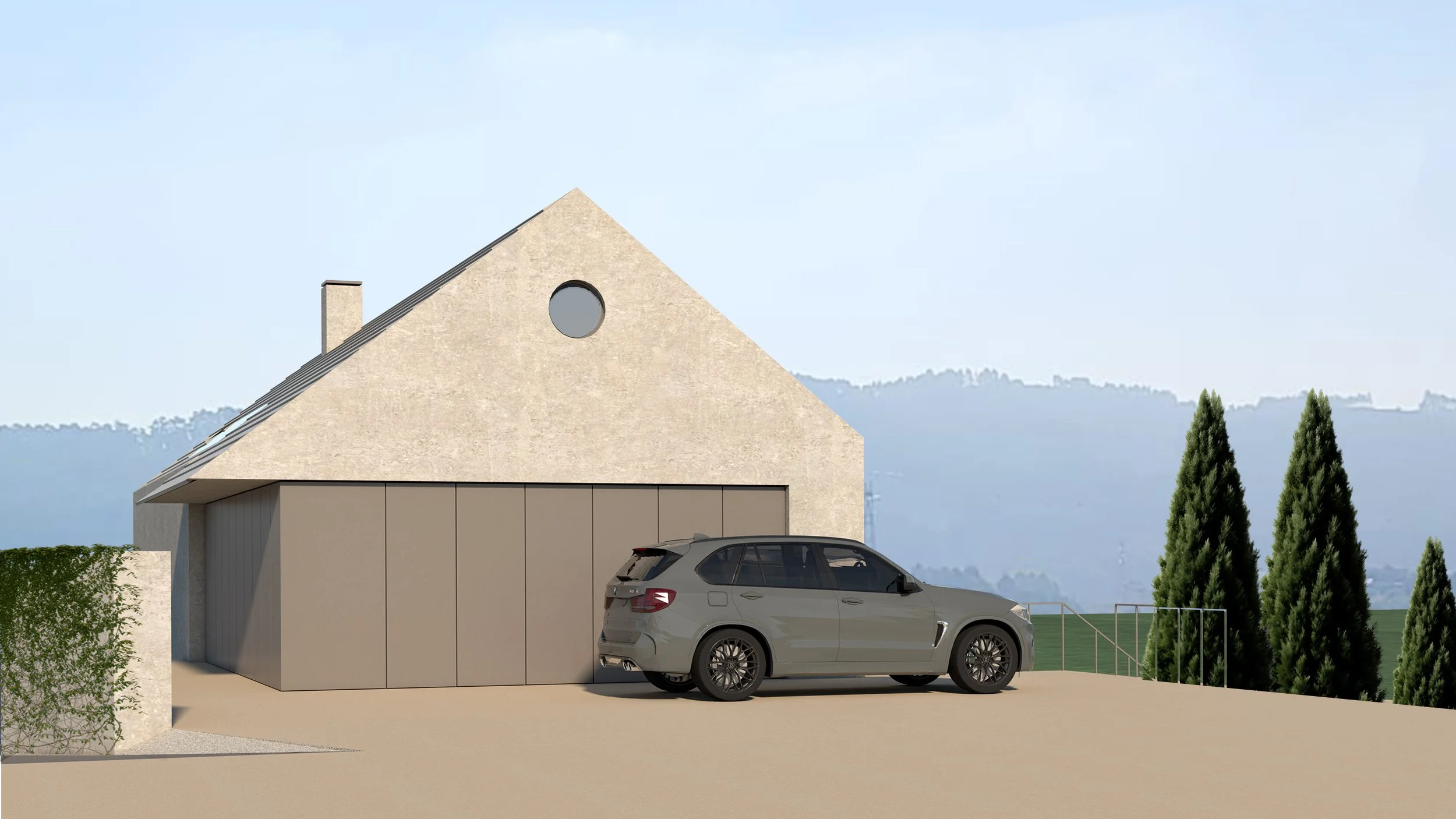 Habitação unifamiliar em S. Jorge de Selho, fachada lateral com acesso automóvel e integração volumétrica no terreno — GAUG