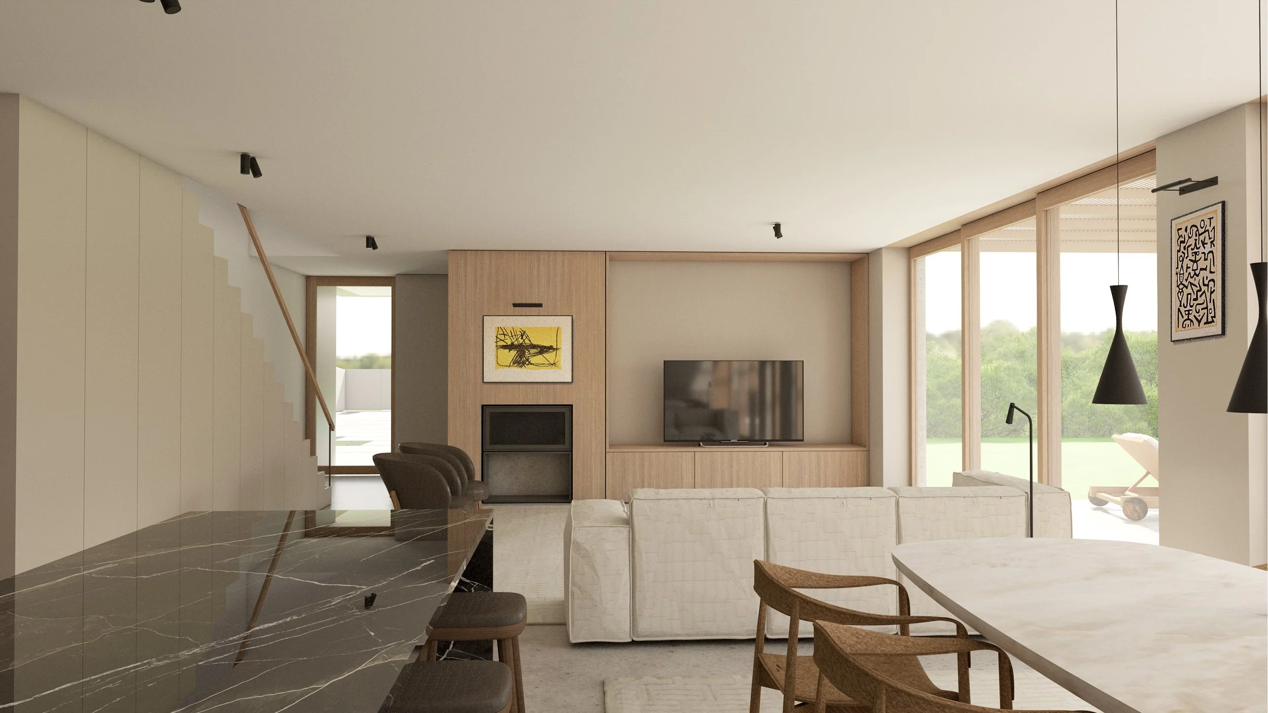 Espaço de estar e jantar em habitação unifamiliar, organização em open space com ligação ao exterior e detalhe de materiais — GAUG