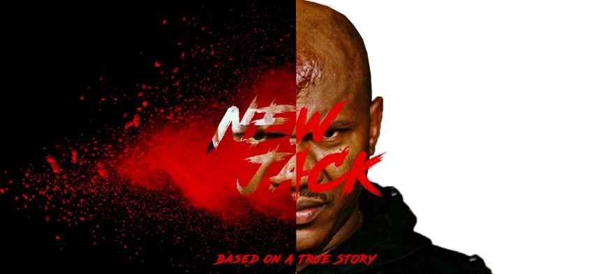 Split image of a young man's face, with the left side on a black background and red paint splatter, and the right side on a white background. Text overlay reads 'New Jack' in bold, stylized font, with the phrase 'Based on a true story' below.