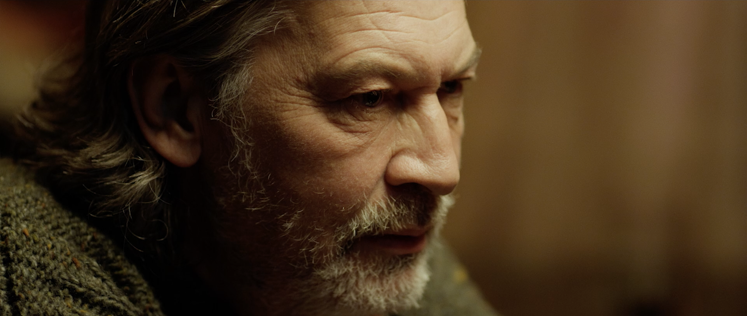 Close-up of an elderly man with gray hair and beard, looking contemplative in warm lighting.