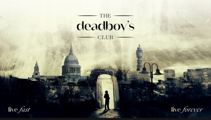 A poster with a silhouette of a person standing at an open gate, cityscape background with landmarks, and the text 'The Deadboy's Club,' 'live fast,' and 'live forever'.