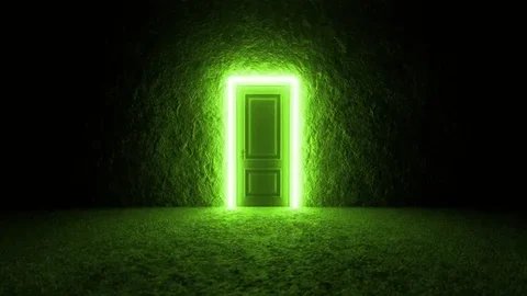 A green neon-lit door in a dark room.