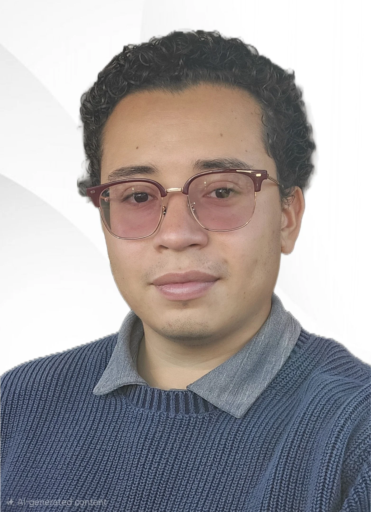 A person with curly dark hair wearing pink-tinted glasses, a gray collared shirt, and a blue sweater against a white background.