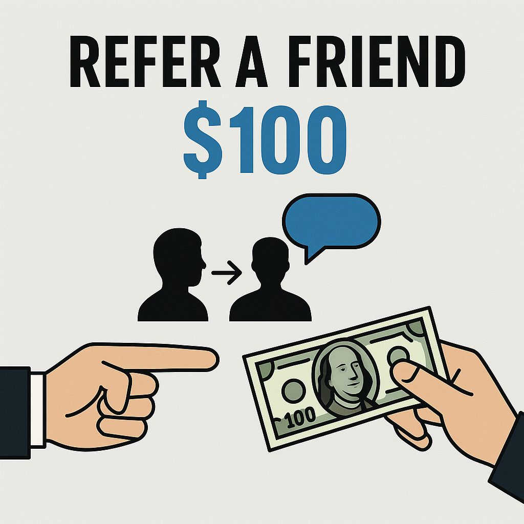 An illustration showing a promotional offer to refer a friend for a $100 reward. It depicts two silhouette profiles, one with an arrow pointing towards the other, a speech bubble, and hands exchanging a hundred-dollar bill.