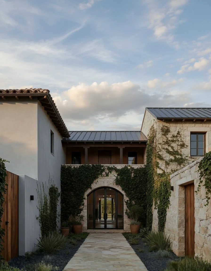 A stone and stucco house with an arched glass door, surrounded by ivy and potted plants, under a partly cloudy sky.