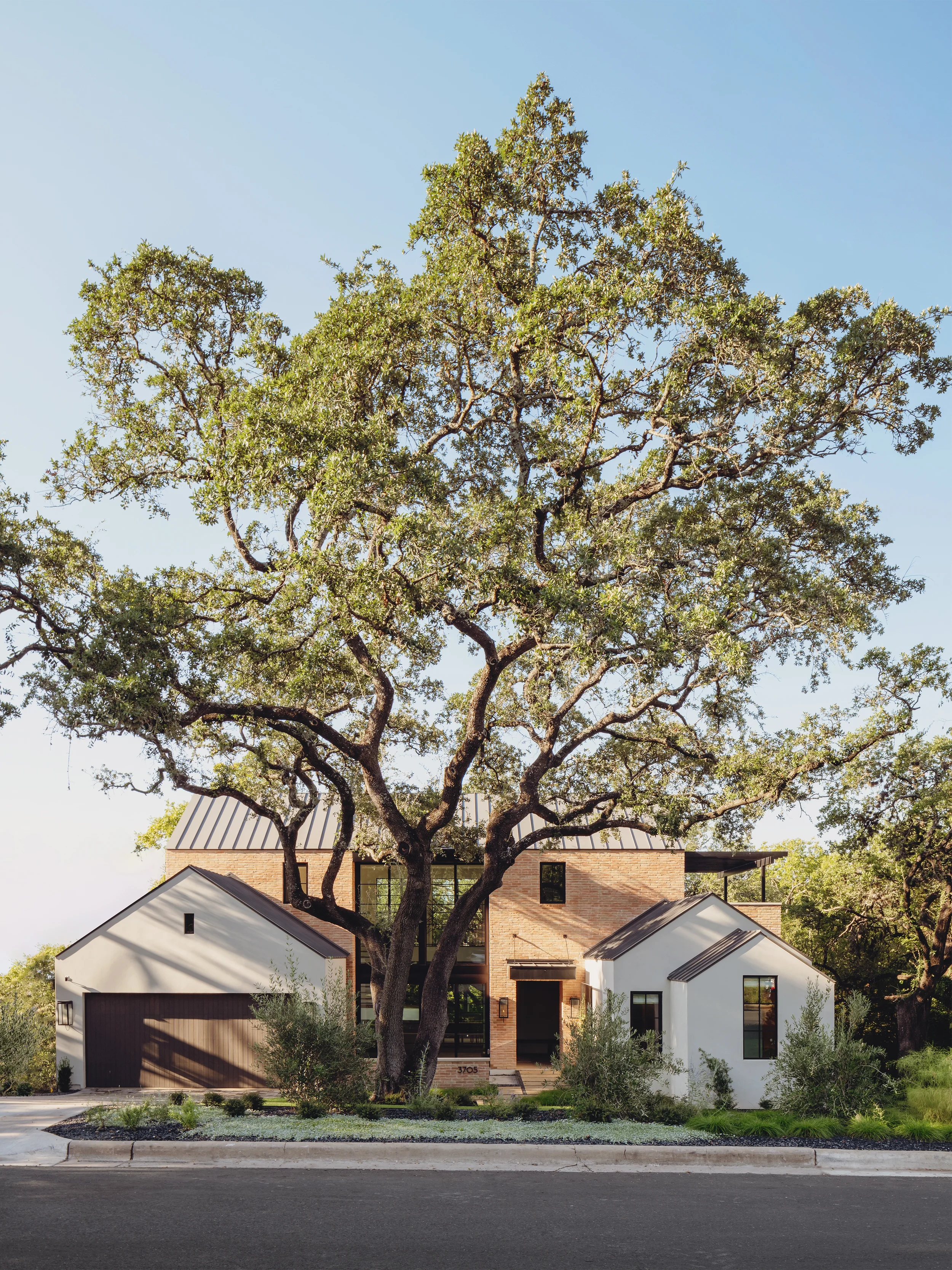 Modern house with brick and white walls, large windows, and a steep roof, located behind a large tree with sprawling branches and greenery in the front yard.