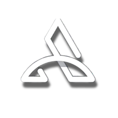 White logo with abstract geometric design on a black background.