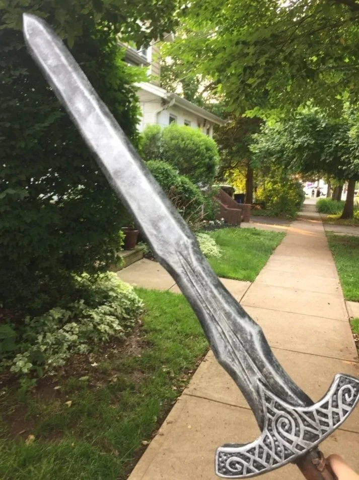 Stage sword for production of King Lear (based on a Skyrim sword) -  
EVA foam, acrylic paint, PVC pipe