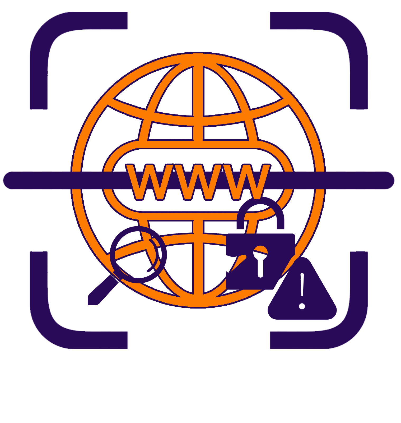 A digital icon with a globe and a browser address bar displaying "www," surrounded by security symbols including a magnifying glass, a lock, and an exclamation mark, indicating website security and caution.