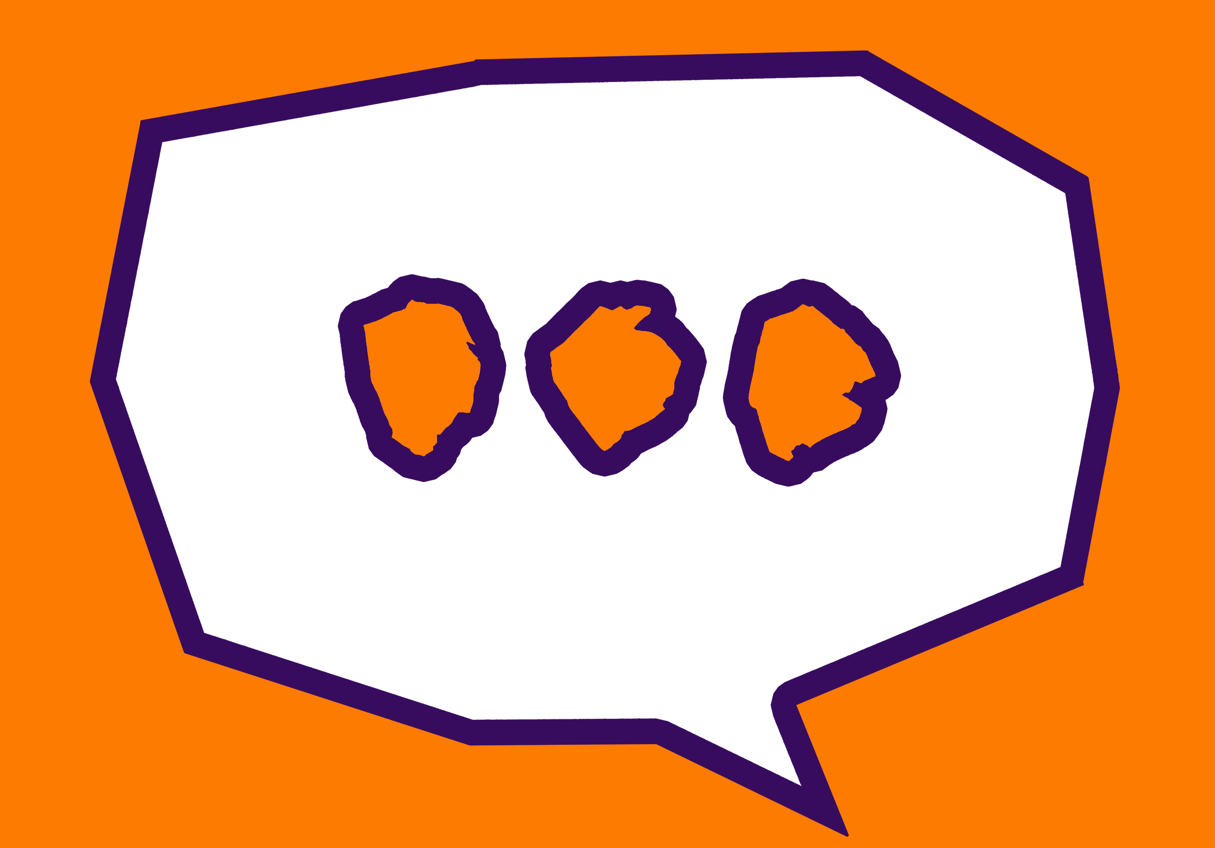 A stylized speech bubble with three orange irregular shapes inside, outlined in purple, on an orange background.