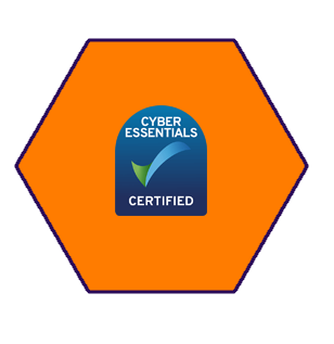 Cyber Essentials Certified badge inside an orange hexagon.