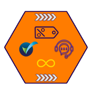Hexagonal orange background with icons: discount tag, check mark, infinity symbol, headset with microphone, and percentage symbol.