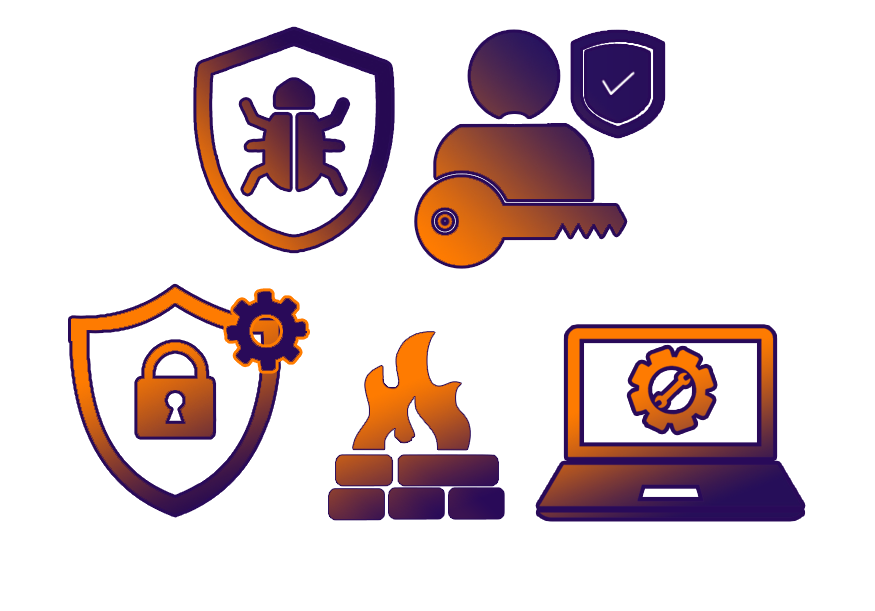 Icons representing cybersecurity, data protection, and technology security, including a bug, a shield with a lock, a gear with a dollar sign, fire on bricks, and a laptop with a gear symbol.