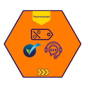 A hexagon graphic with an orange background and yellow top section labeled 'Recommended'. Inside the hexagon are icons of a price tag, a check mark, a headset, and yellow arrows at the bottom.