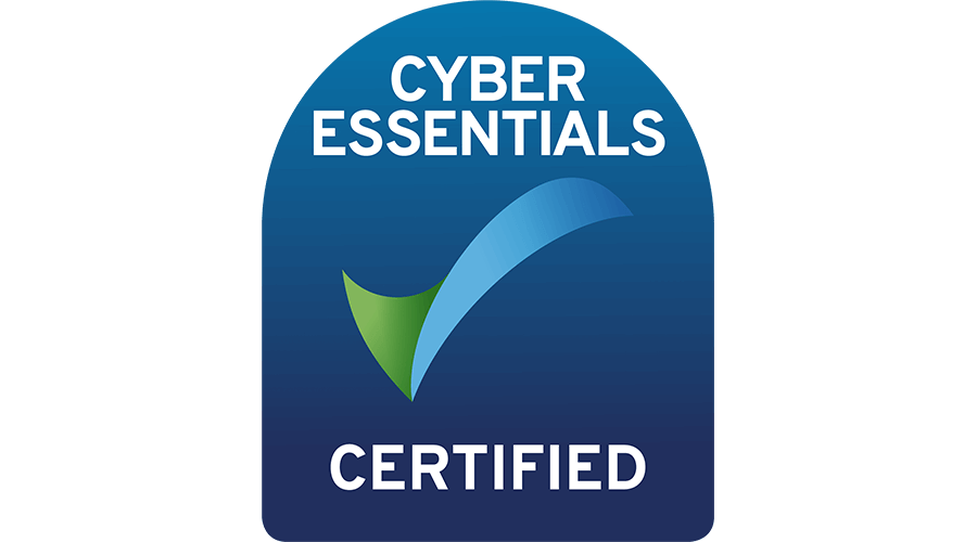Cyber Essentials Certified logo with a blue background, featuring a check mark in green and blue.