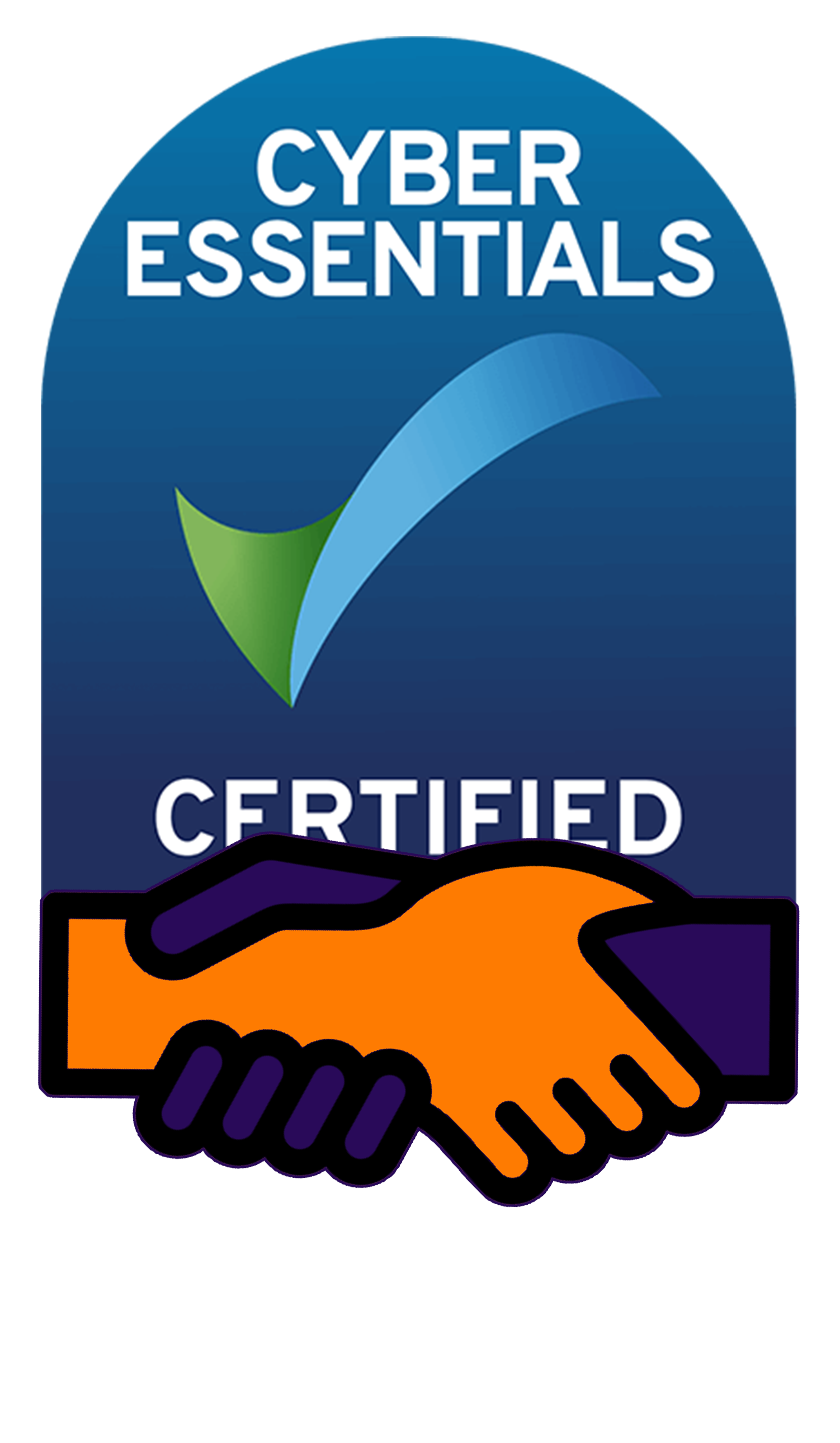 Certification badge for Cyber Essentials with a graphic of a handshake.