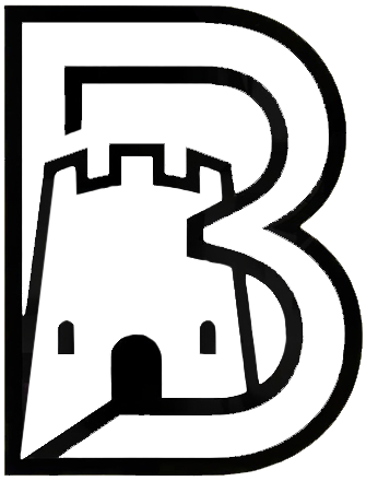 Black outline of a letter B with a castle tower design inside, resembling a Halloween or spooky theme.