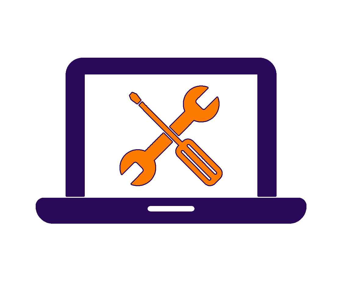 A computer monitor with a wrench and screwdriver crossed on the screen, indicating maintenance or repair.
