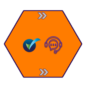 Orange hexagon with a green checkmark icon and a purple headset icon inside.