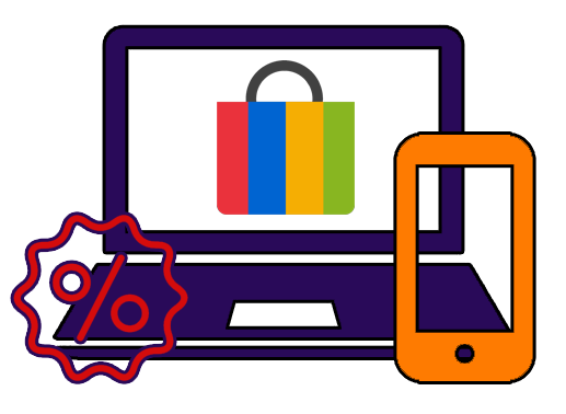 Stylized digital illustration of a shopping bag with red, blue, yellow, and green stripes, a laptop, a smartphone, and a discount badge symbol.