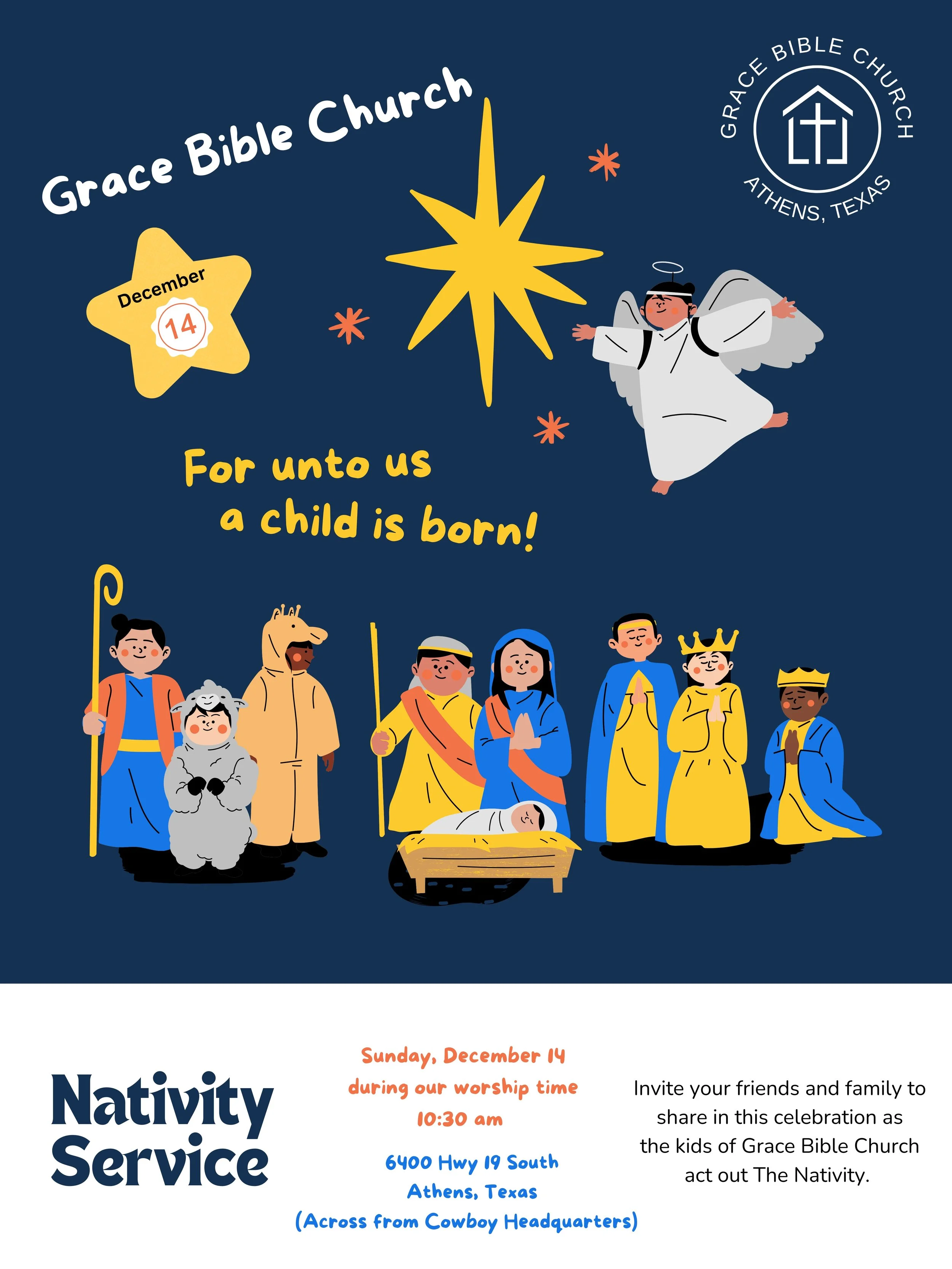 Invitation to a Christmas nativity service at Grace Bible Church in Athens, Texas, featuring an illustration of the nativity scene with Mary, Joseph, baby Jesus in a manger, the wise men, and angel, with decorative stars and a large star at the top.