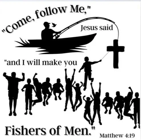 Silhouettes of people catching fish and a person holding a cross, with a quote from Matthew 4:19 about following Jesus and making disciples.