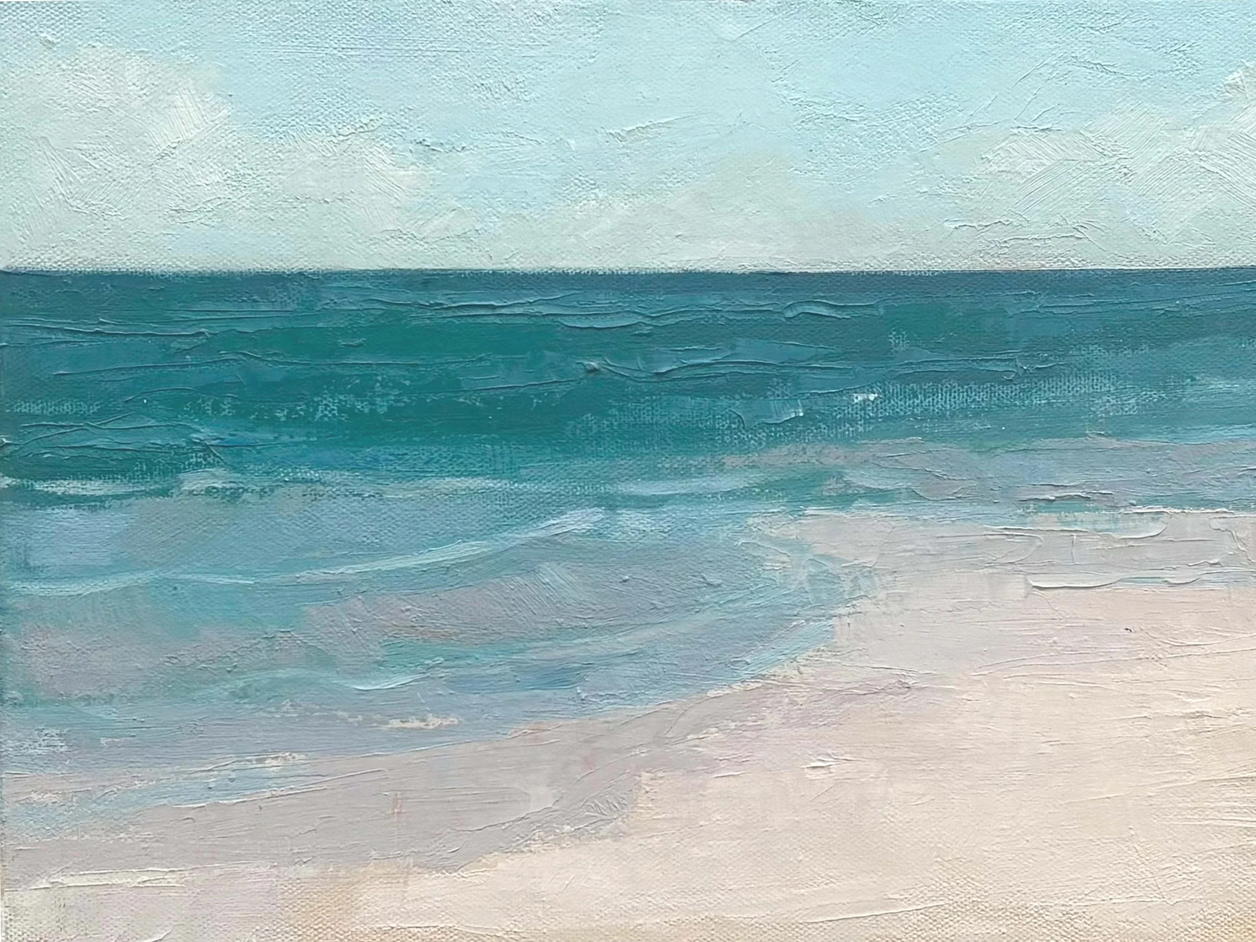 A textured painting of a beach scene with a horizon, blue ocean waves, and white sandy shore.