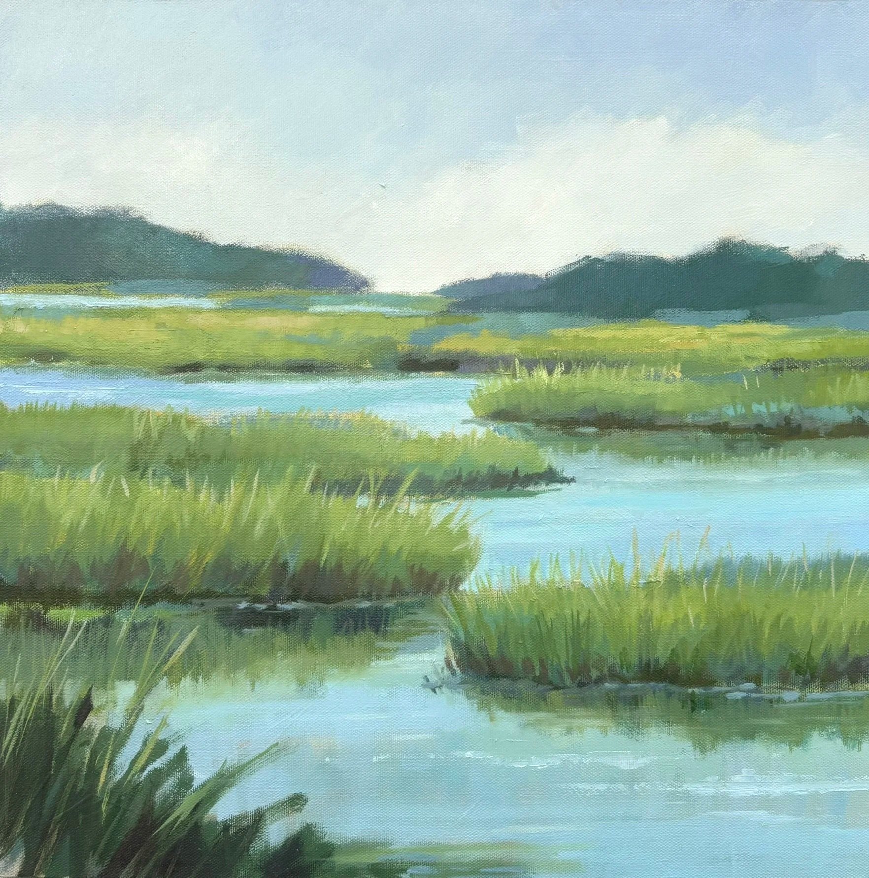 Painting of a serene wetland landscape with water, green grass, and distant hills under a blue sky.