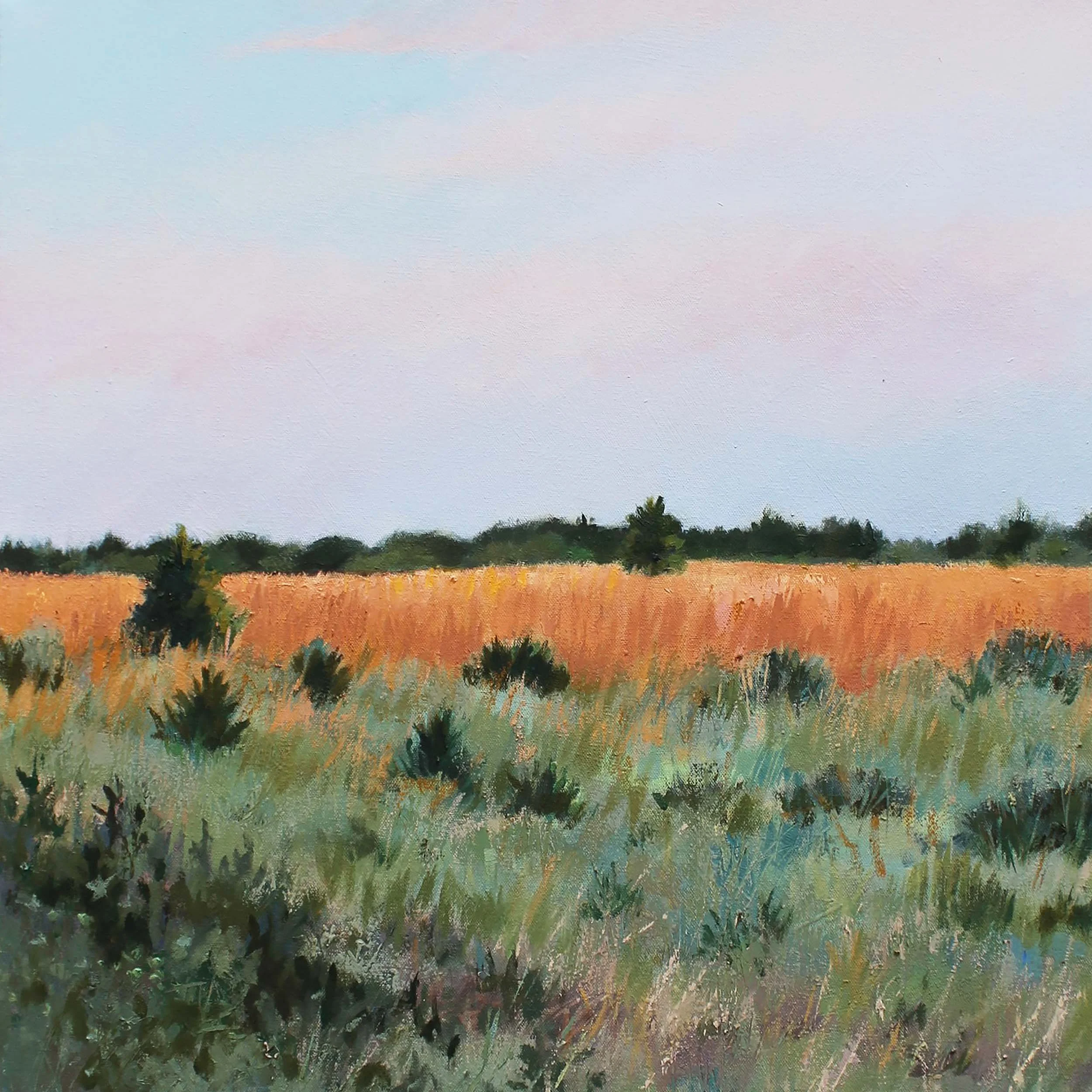 Painting of a rural landscape with green grass and bushes in the foreground, a field of orange crops in the middle, and trees with a light purple and pink sky in the background.