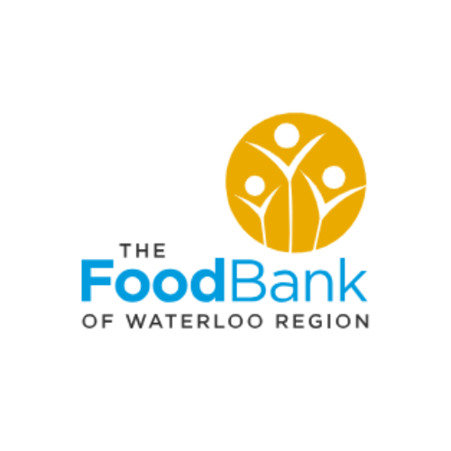 Logo of The Food Bank of Waterloo Region with a circular gold emblem featuring three stylized human figures, and text in blue and black.