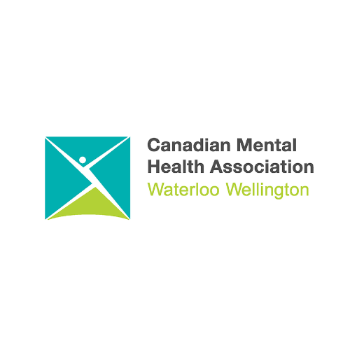 Logo of the Canadian Mental Health Association Waterloo Wellington, featuring a stylized human figure in a teal square, with the organization name and region in black and green text.