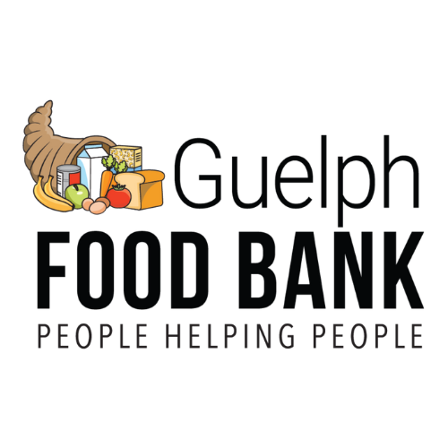 Logo of a food bank featuring a loaf of bread, vegetables, and a fish, with text reading "Guelph Food Bank" and the slogan "People Helping People."