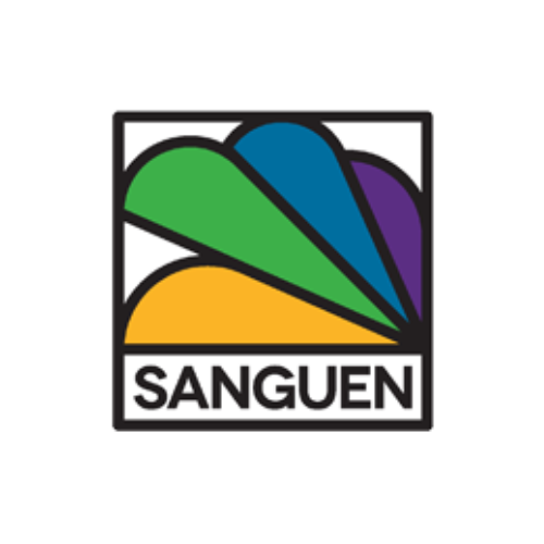 Logo with a black border, rainbow-colored fan shape, and the word 'SANGUEN' in bold black letters at the bottom.