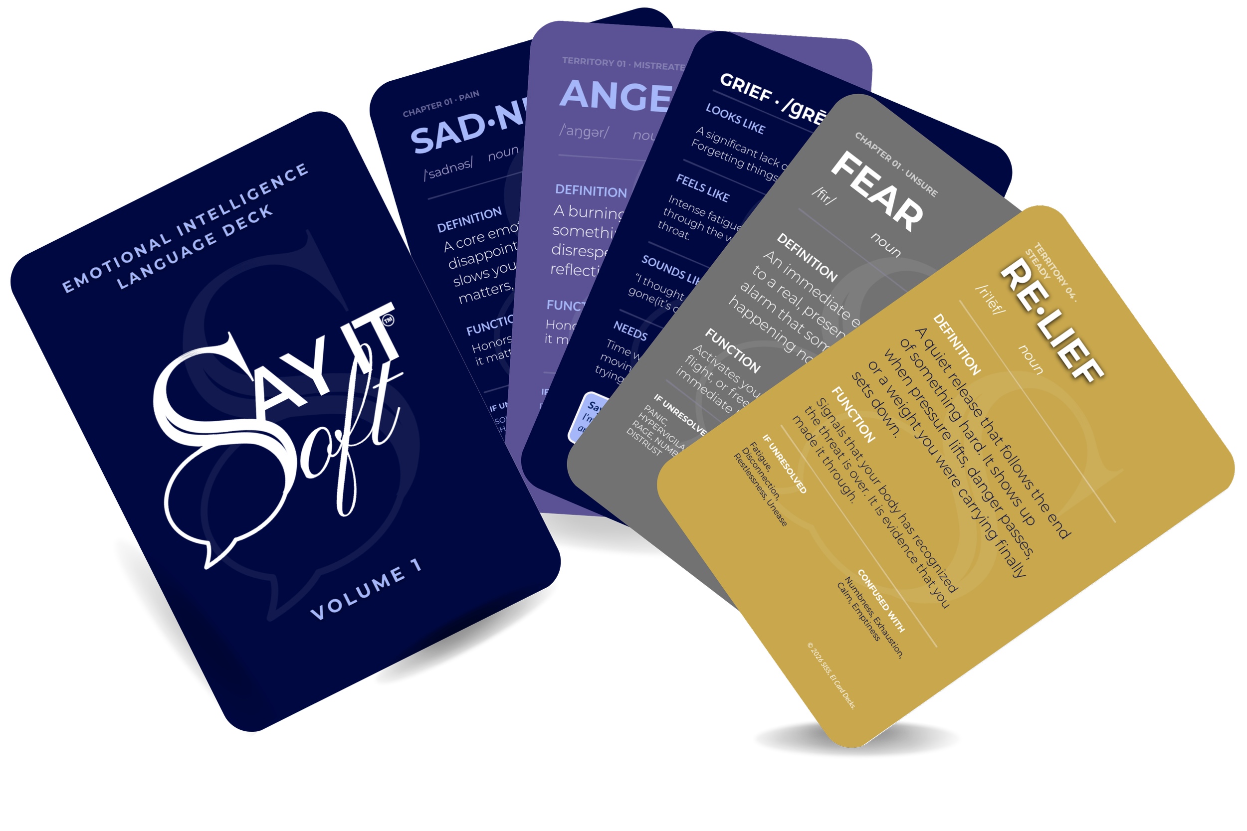 Set of colorful cards from an emotional intelligence language deck, each card featuring different emotions and their definitions, such as 'sadness', 'anger', 'grief', 'fear', and others.