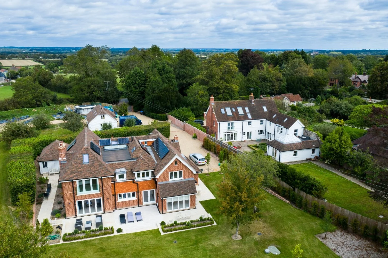 Aerial view of a completed new-build home in Hurstpierpoint, West Sussex