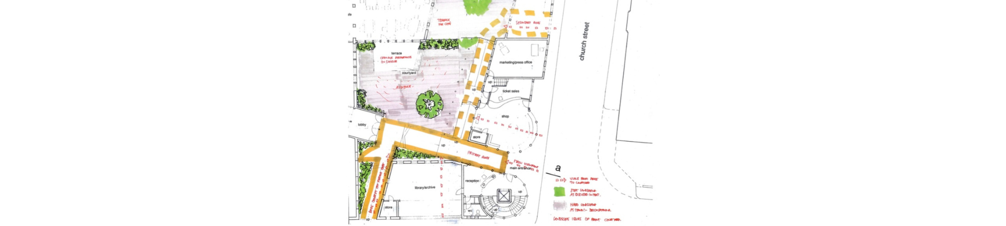 Architectural site plan with building layout, pathways, labeled areas, and annotations, including a courtyard, terrace, garden, and various structures.