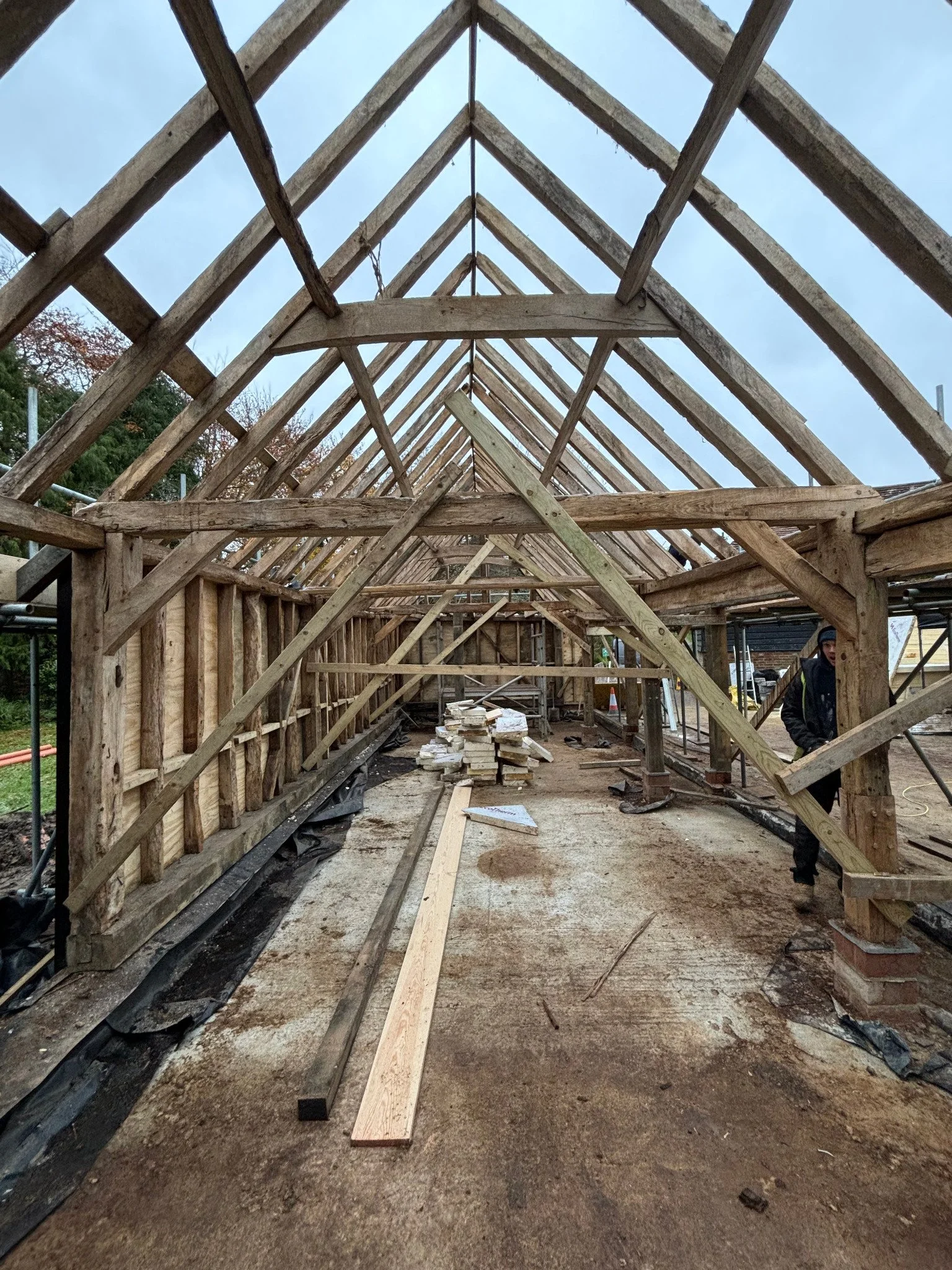 Reconstructed timber roof structure during barn conversion in Warninglid.