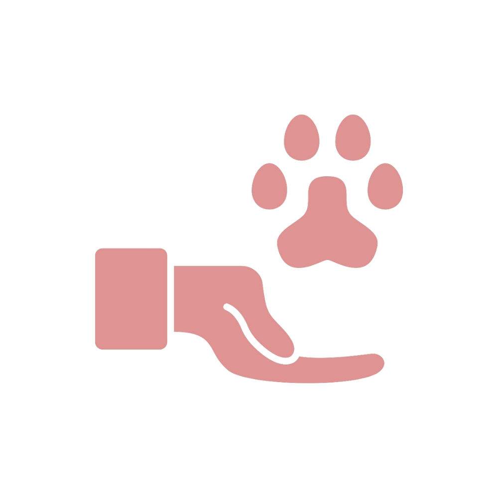 A pink hand with a paw print symbol above it, representing pet care
