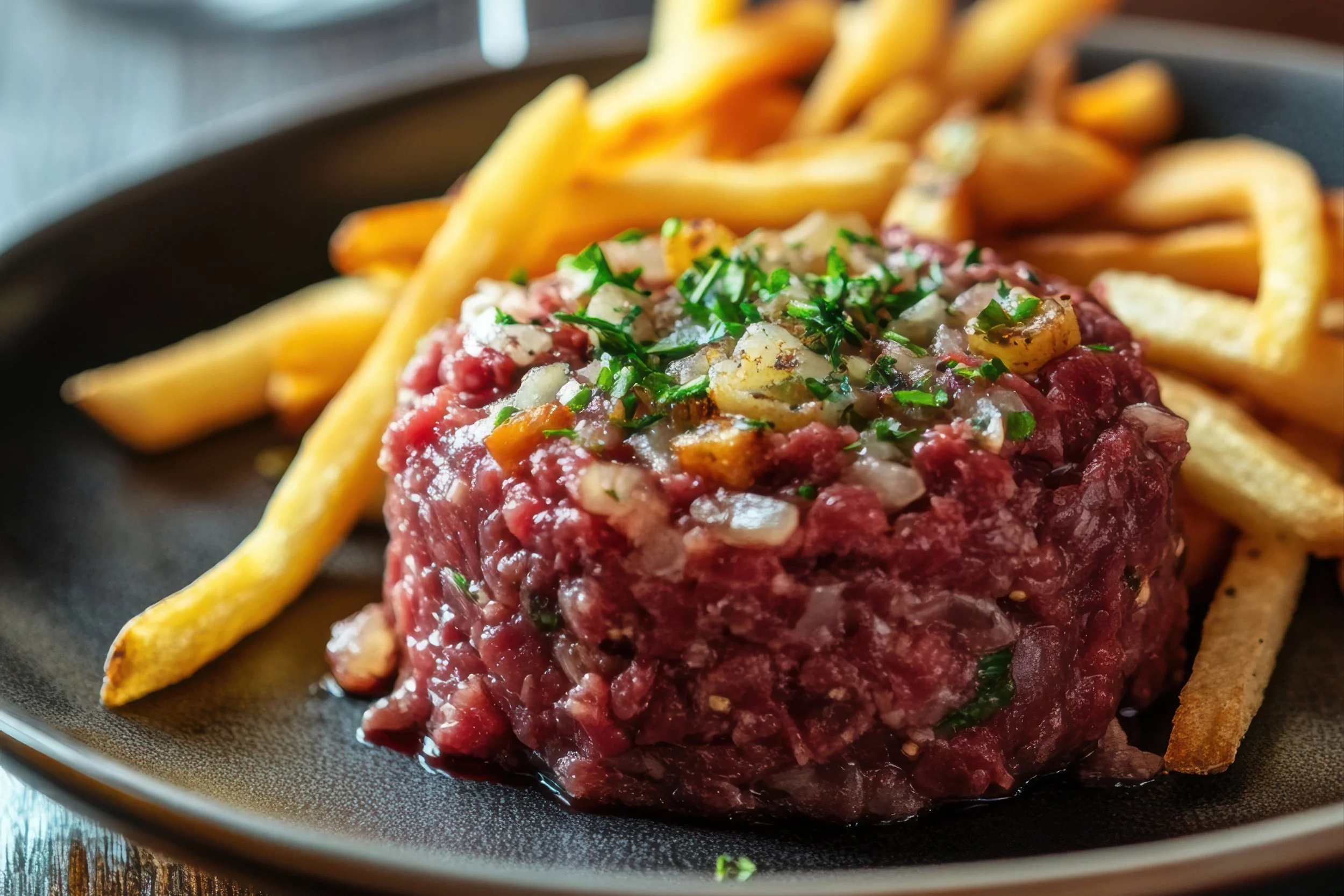 Tartare de bœuf préparé maison, viande crue finement coupée, assaisonnement soigné, oignons et herbes fraîches. Servi avec frites dorées, plat bistrot généreux, frais et savoureux.