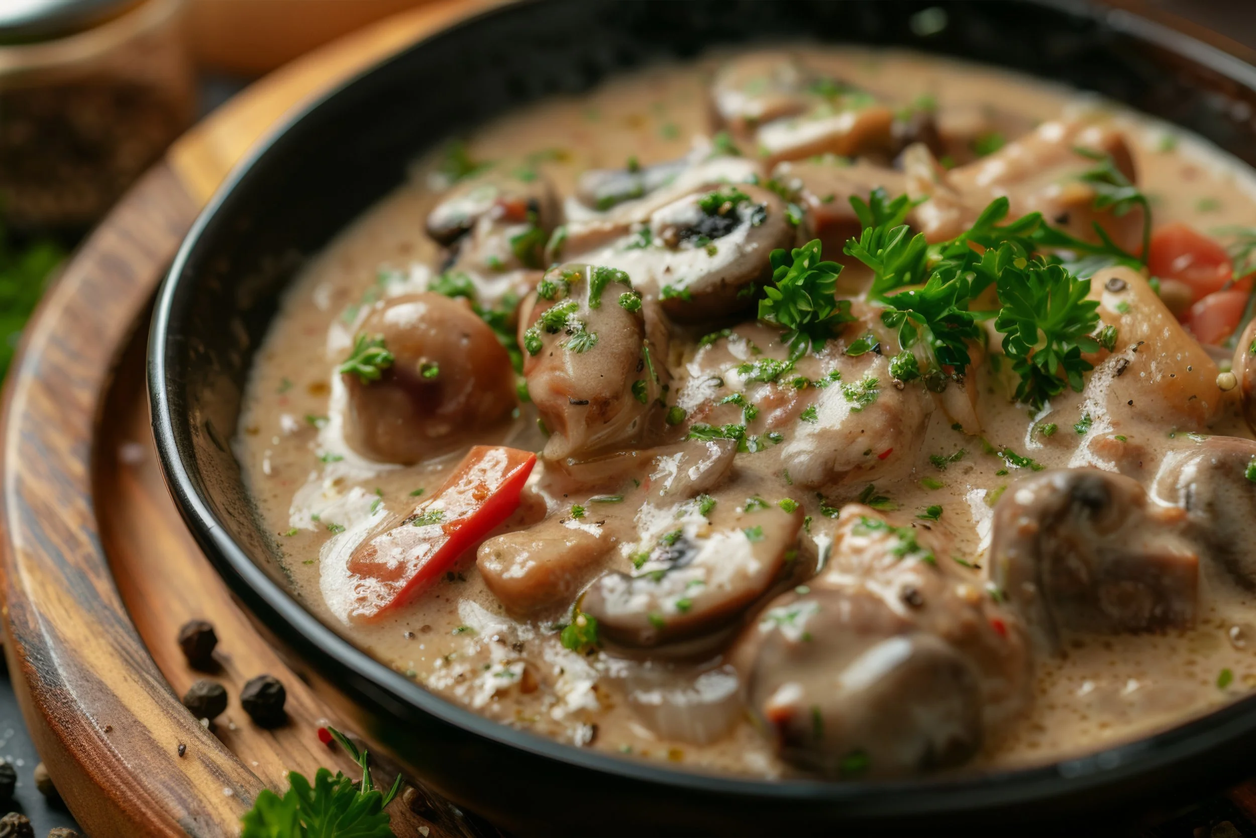 Rognons de veau cuisinés maison, nappés d’une sauce crémeuse aux champignons, parsemés de persil frais. Plat traditionnel français, gourmand et savoureux, servi chaud, mettant en valeur savoir-faire du chef et cuisine authentique.